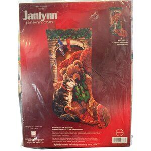 Vintage Janlynn Cuddles Needlepoint Stocking Kit Christmas Tabby Cat Teddy Bear